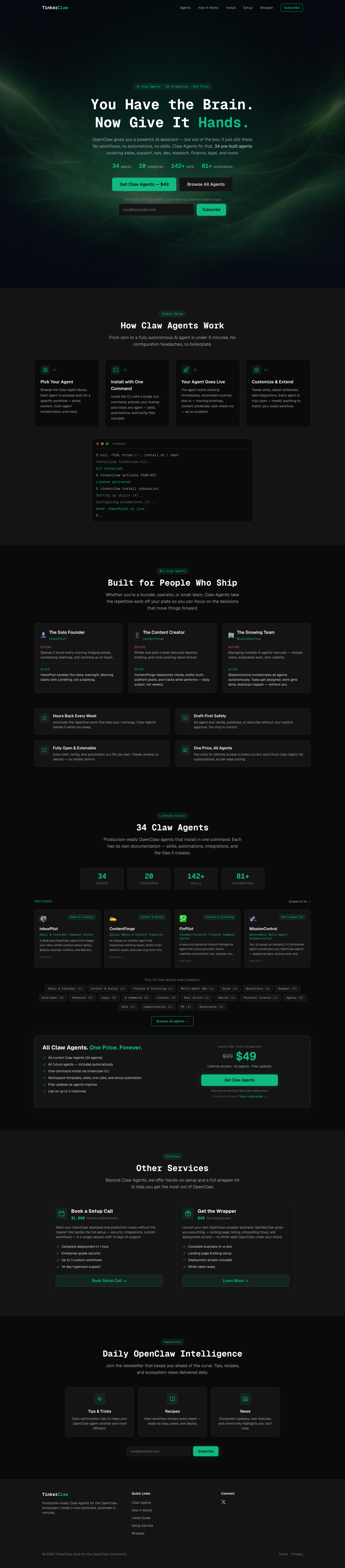 TinkerClaw full landing page screenshot