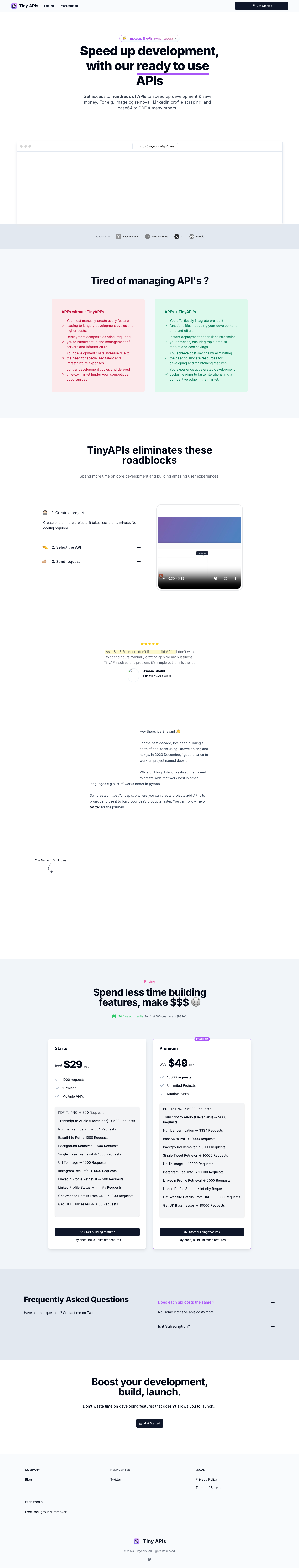 Tiny Api's full landing page screenshot