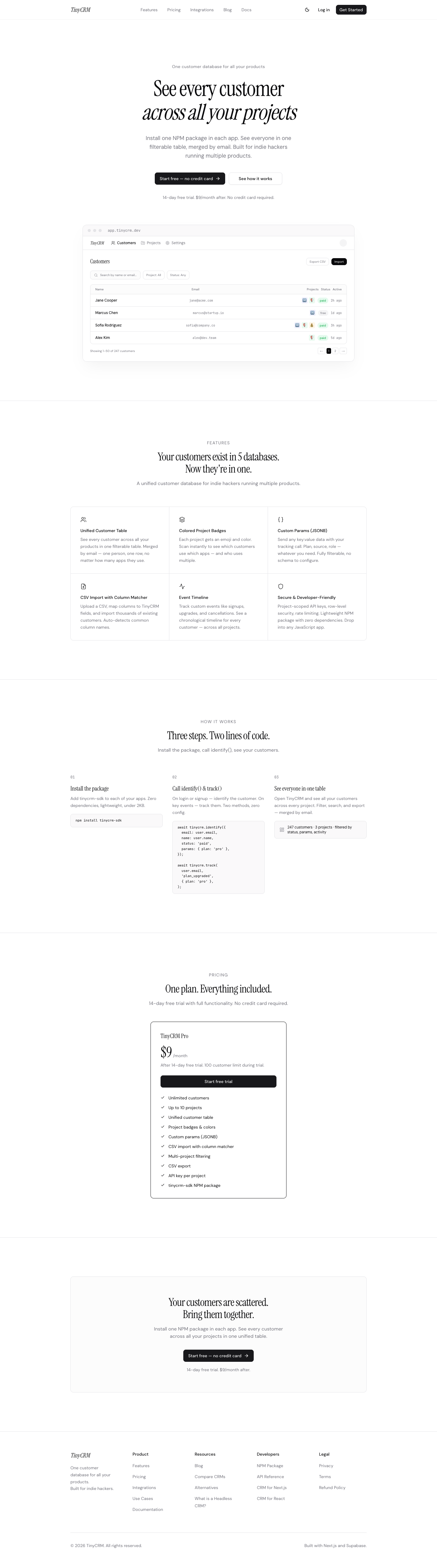 tinyCRM full landing page screenshot