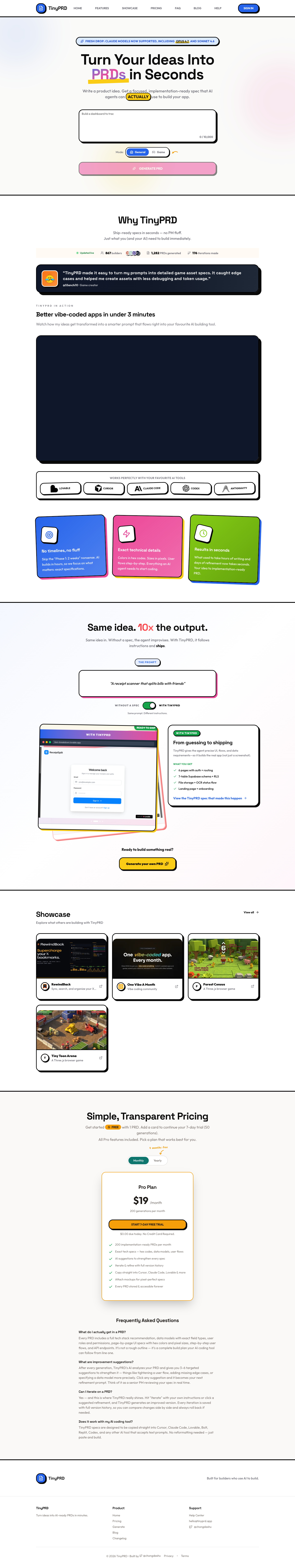 TinyPRD full landing page screenshot