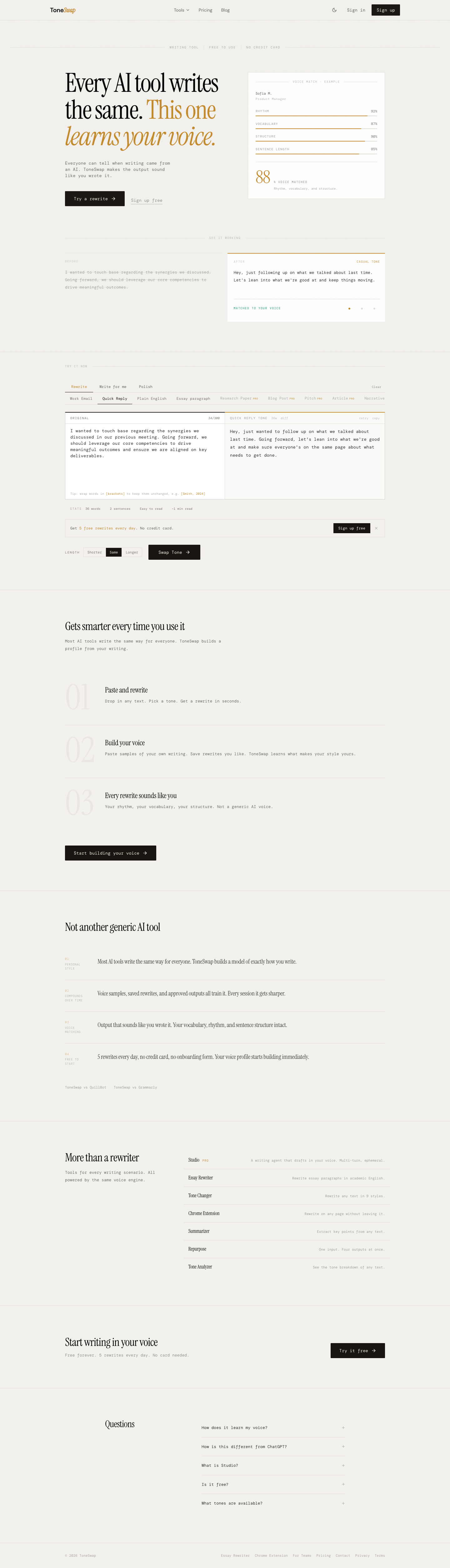 ToneSwap full landing page screenshot