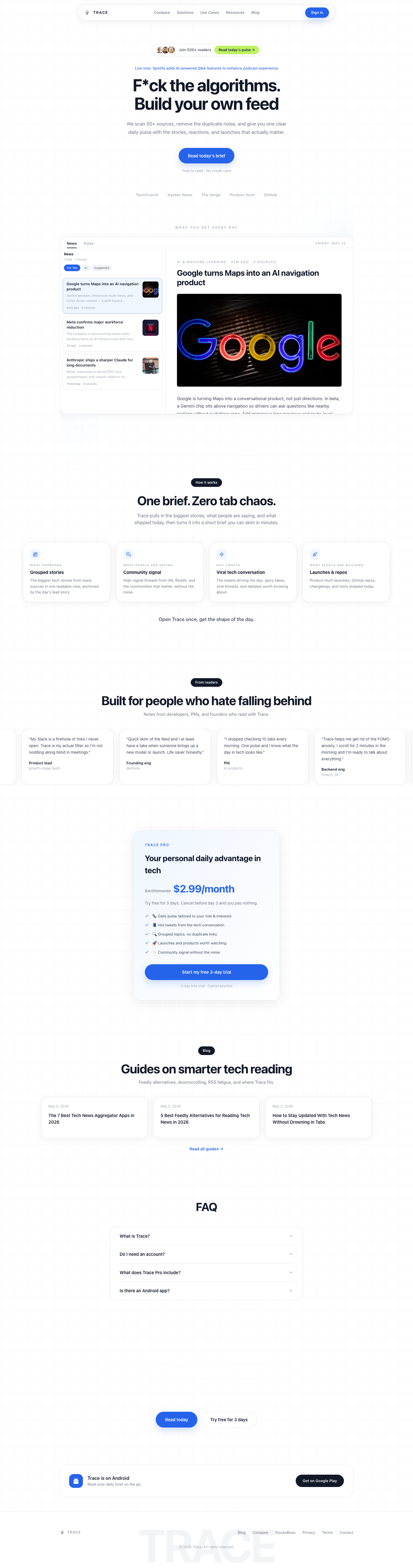 Trace: Daily AI News & Summary full landing page screenshot