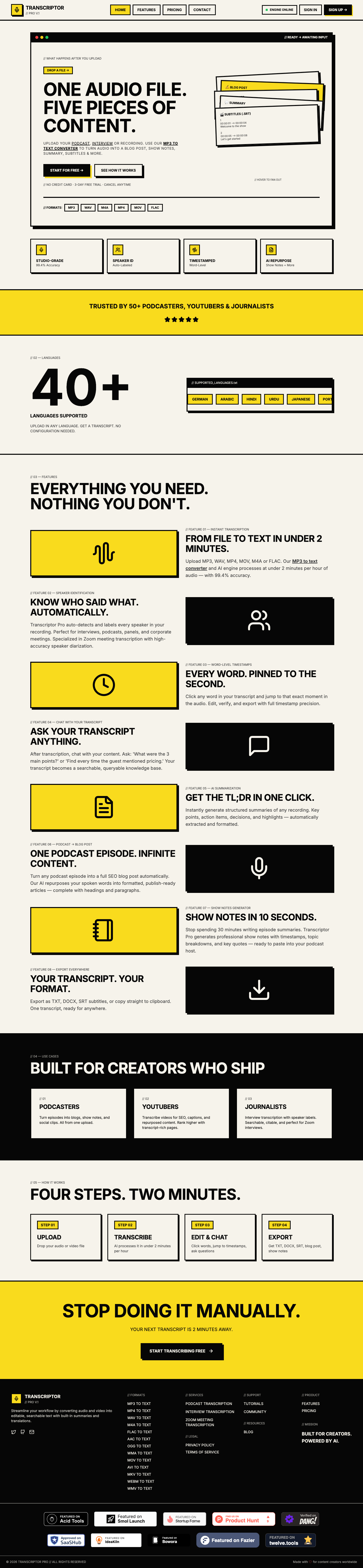 transcriptor pro full landing page screenshot
