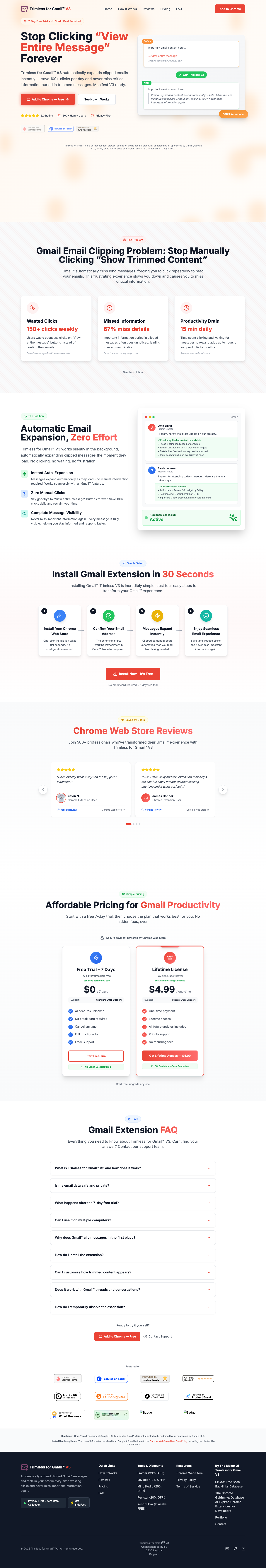 Trimless for Gmail V3 full landing page screenshot