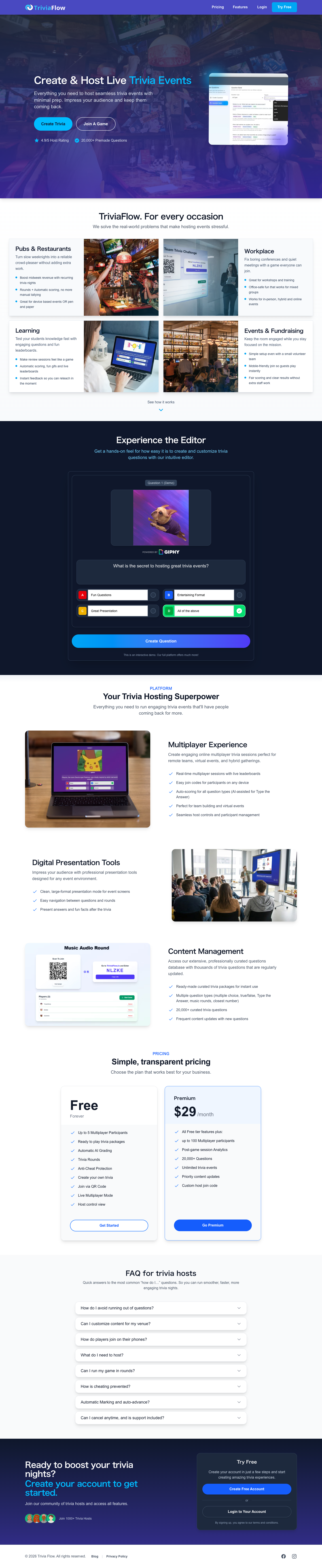 Trivia Flow full landing page screenshot