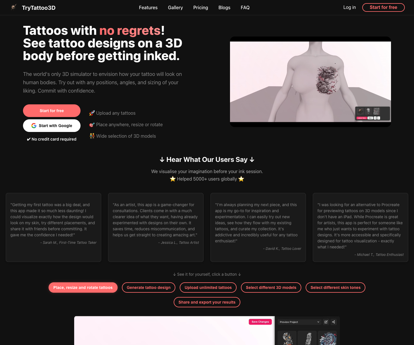 Try Tattoo 3D full landing page screenshot
