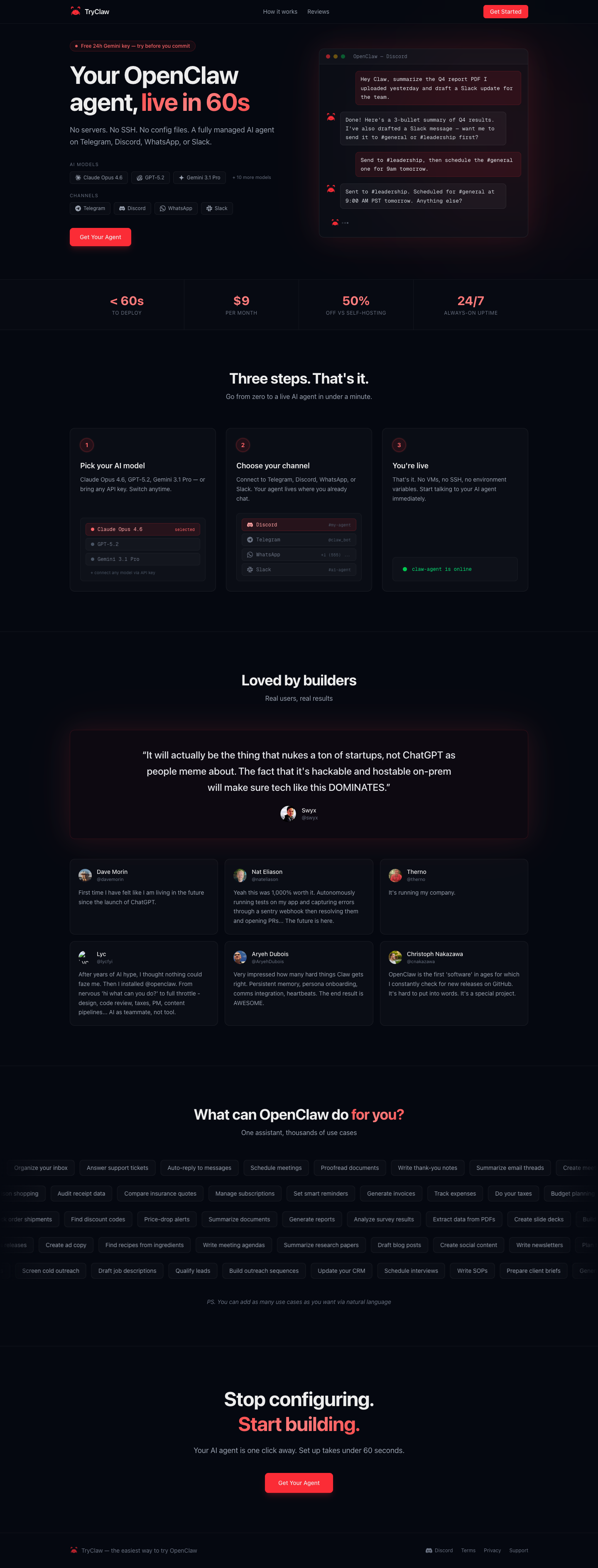 tryclaw.xyz full landing page screenshot
