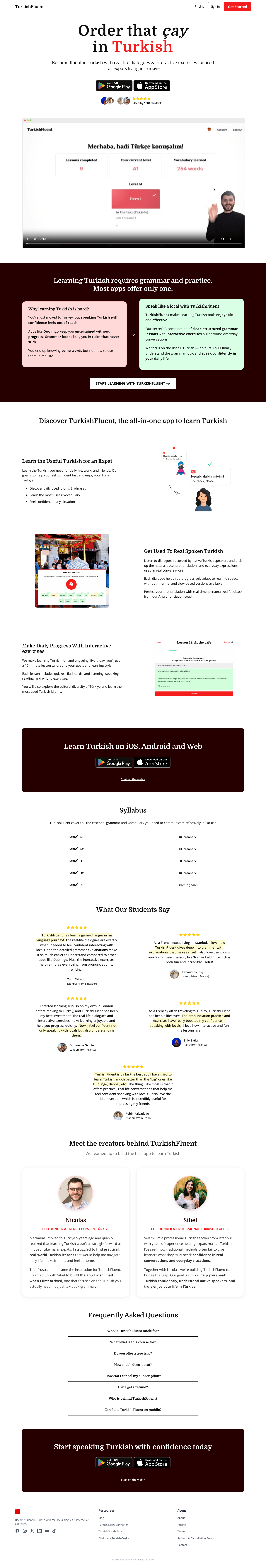 TurkishFluent full landing page screenshot