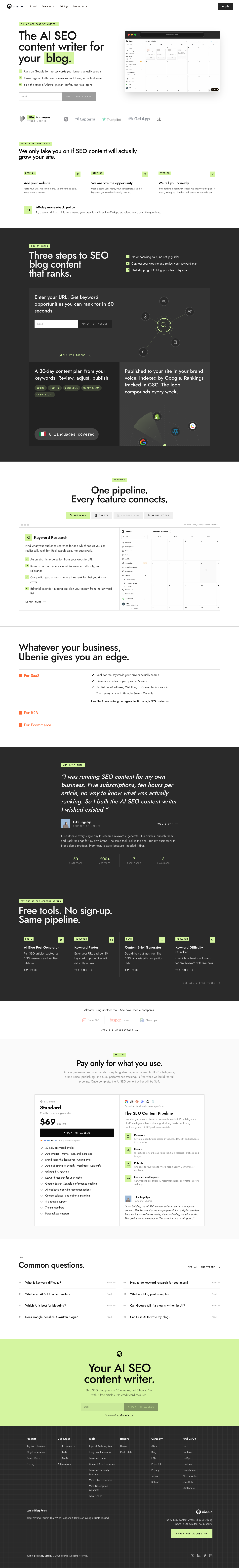 Ubenie full landing page screenshot