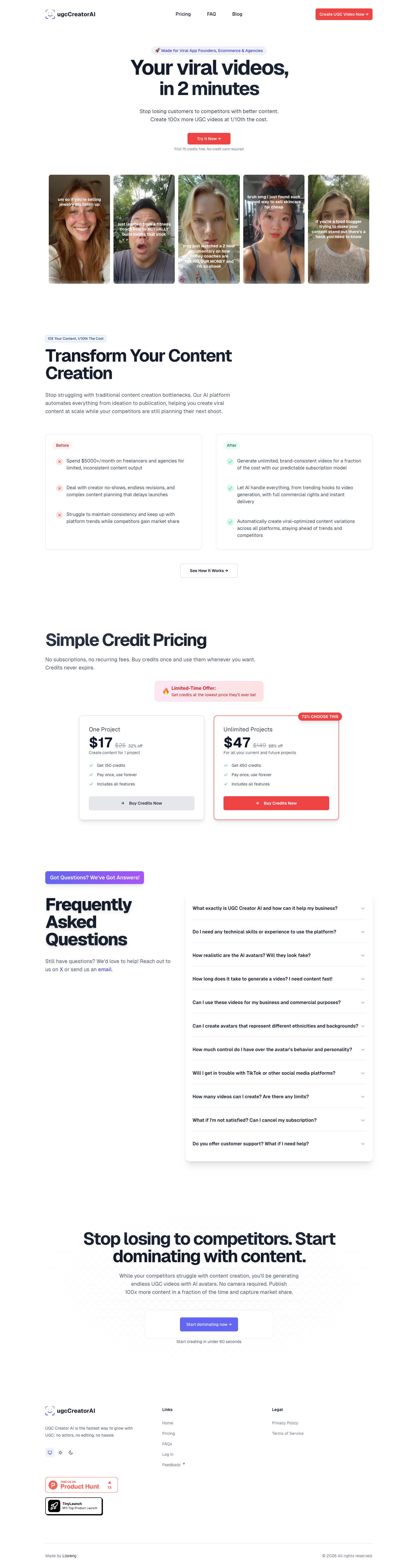 UGC Creator AI full landing page screenshot