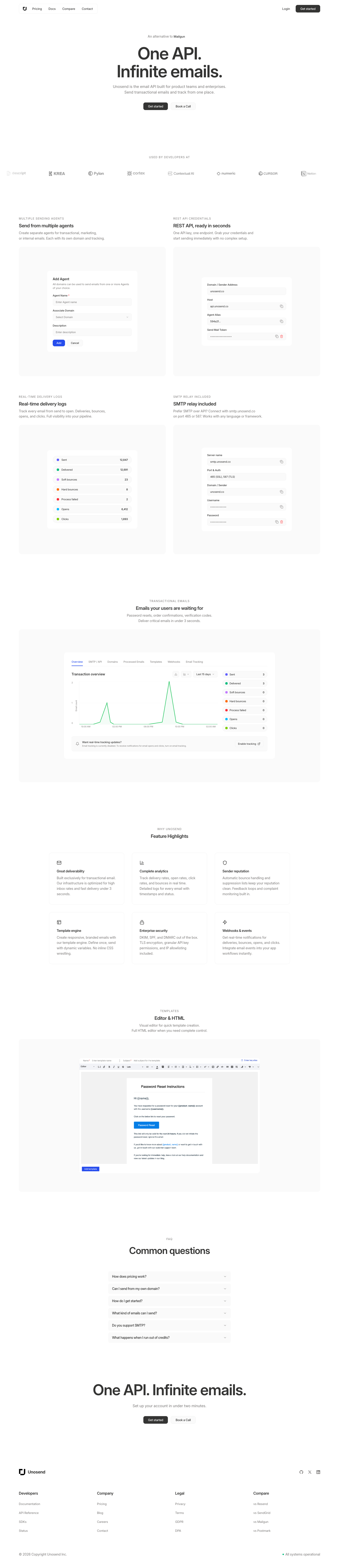 Unosend full landing page screenshot