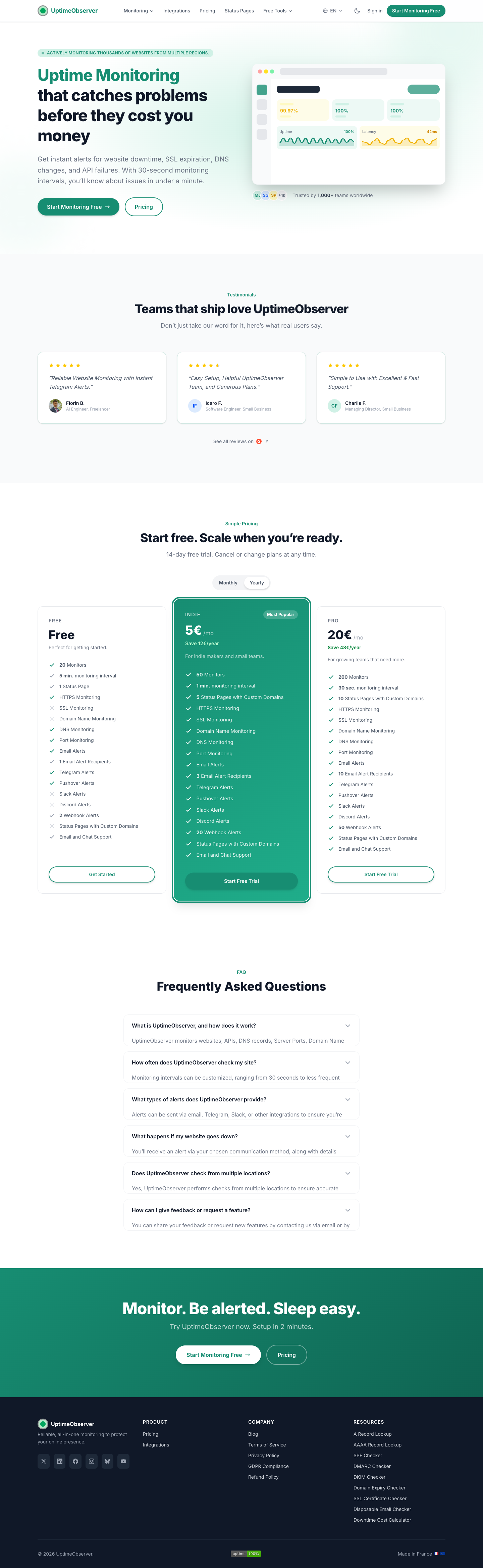 UptimeObserver full landing page screenshot