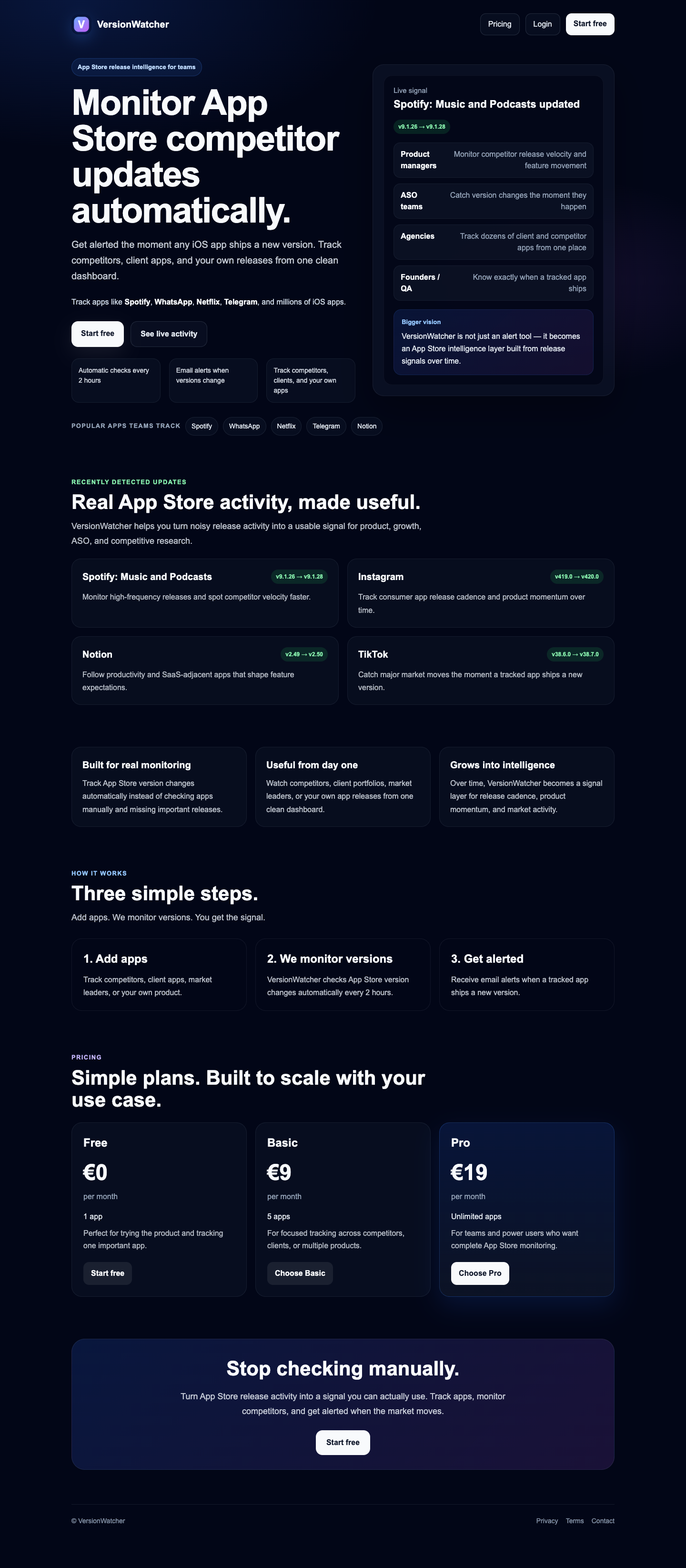 VersionWatcher full landing page screenshot