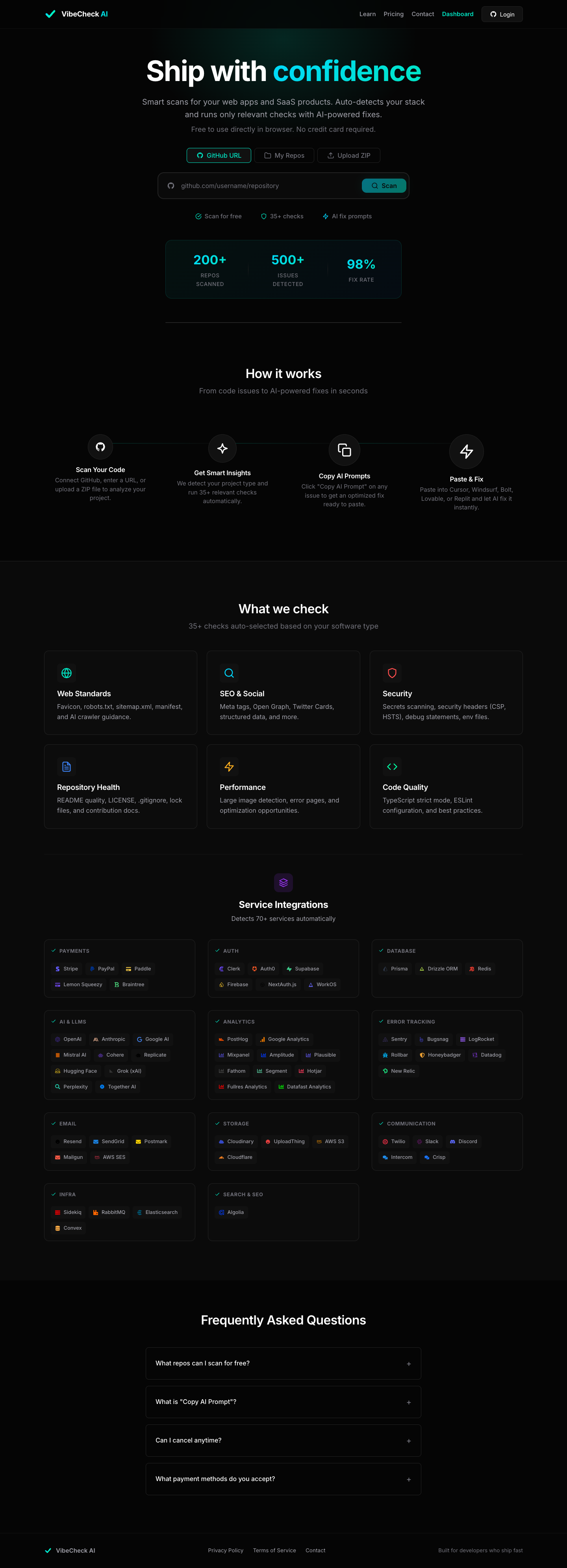 VibeCheck AI full landing page screenshot