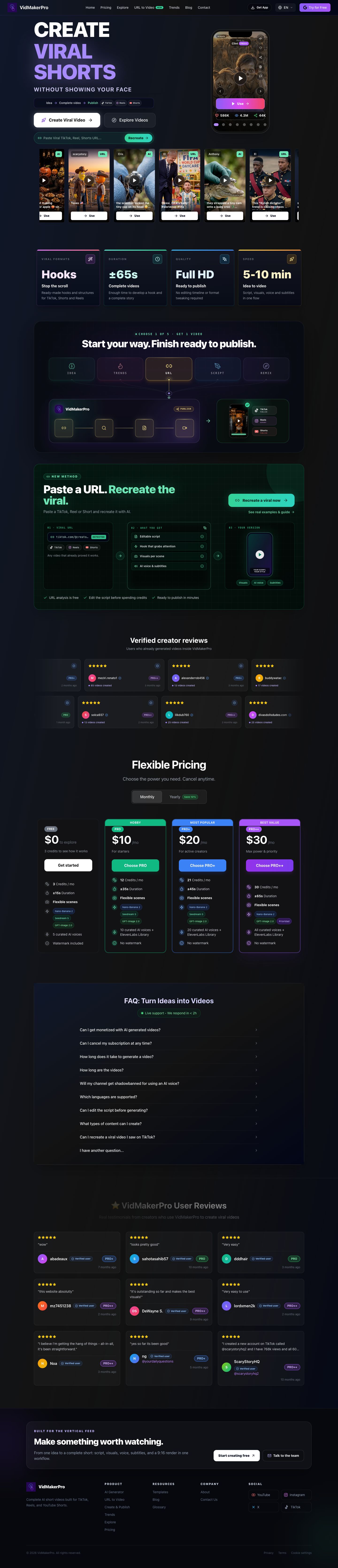 Vid Maker Pro full landing page screenshot