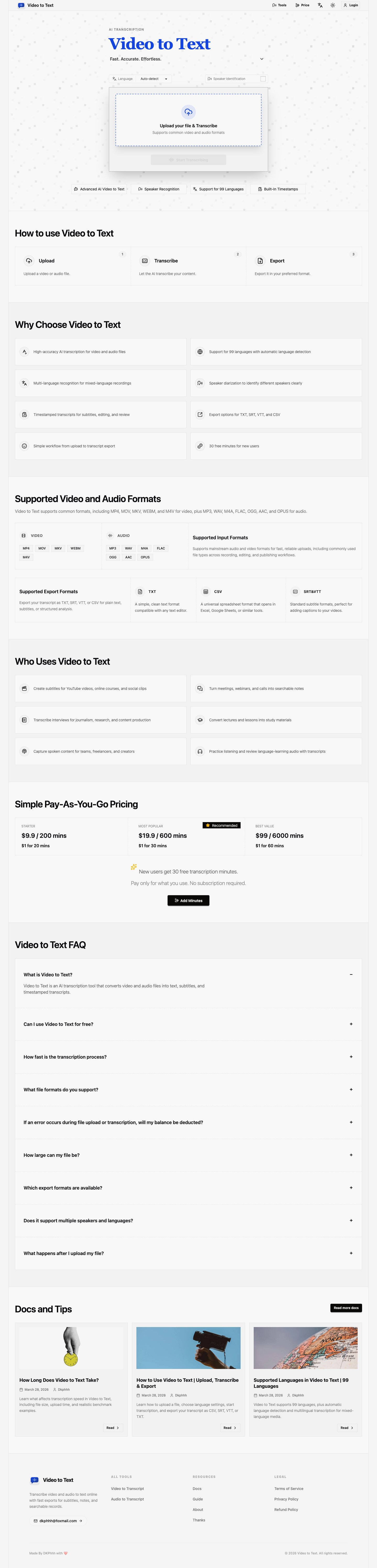 Video to Text full landing page screenshot