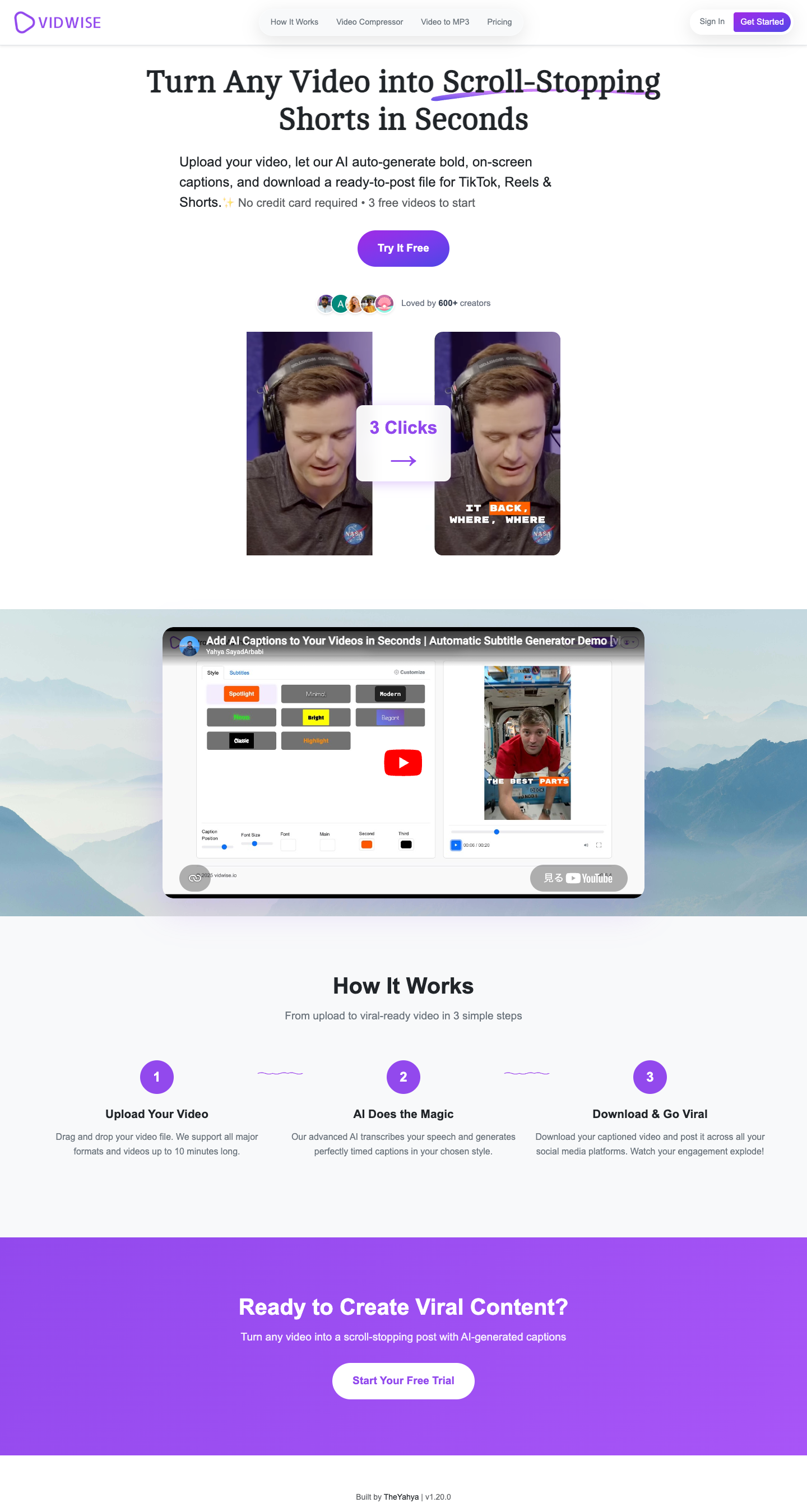 vidwise full landing page screenshot