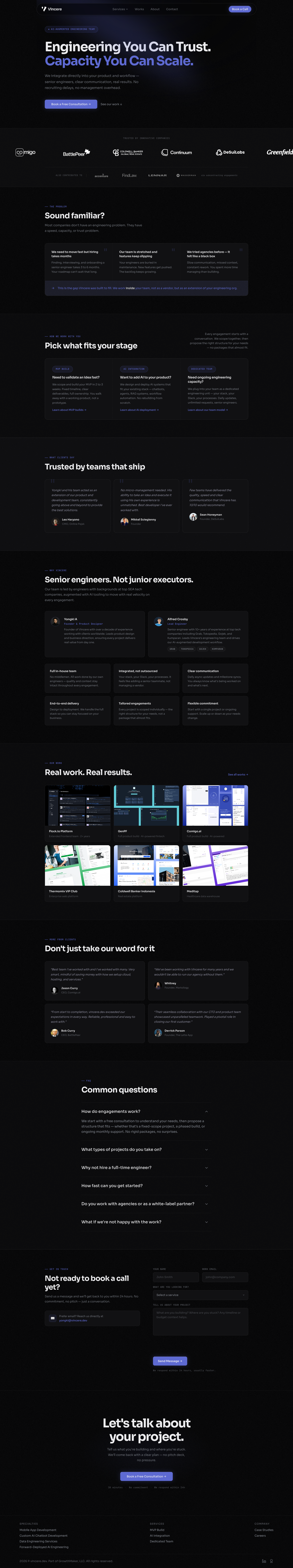 Vincere.dev full landing page screenshot