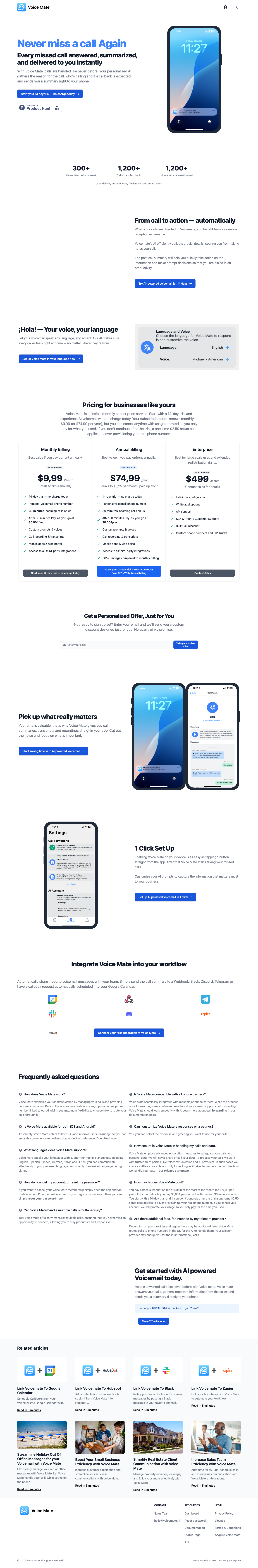 Voice Mate - AI Powered Voicemail full landing page screenshot
