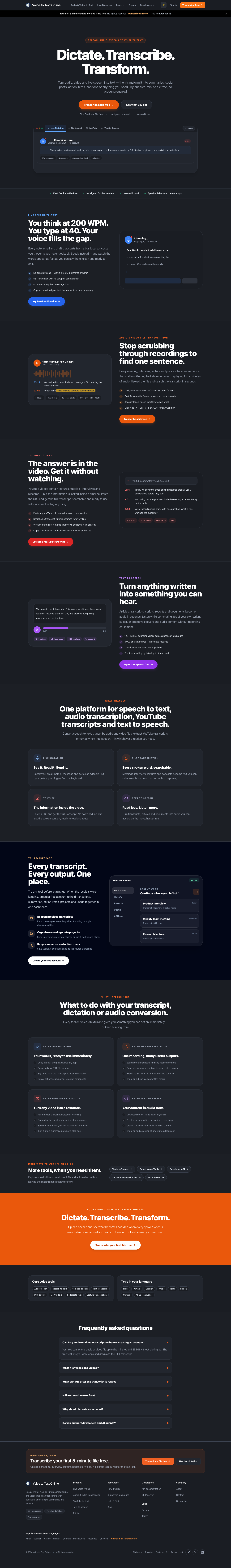 Voice to Text Online Free full landing page screenshot