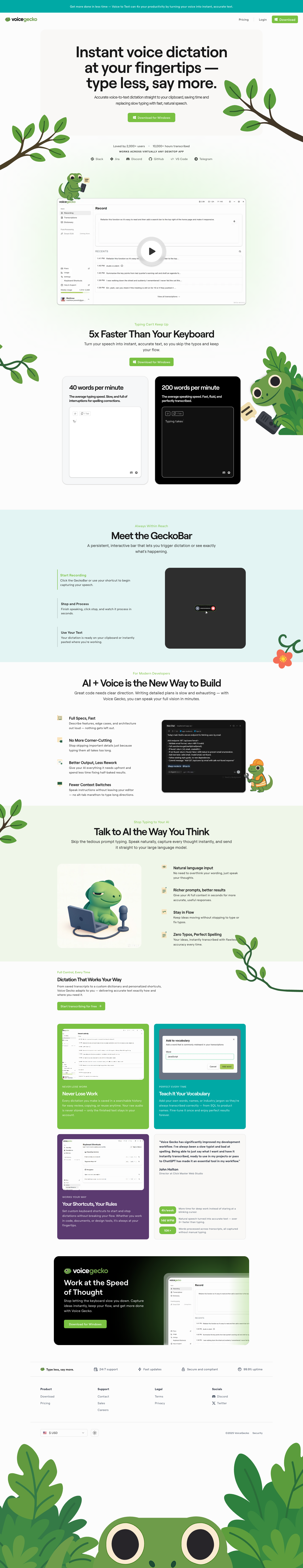 VoiceGecko full landing page screenshot