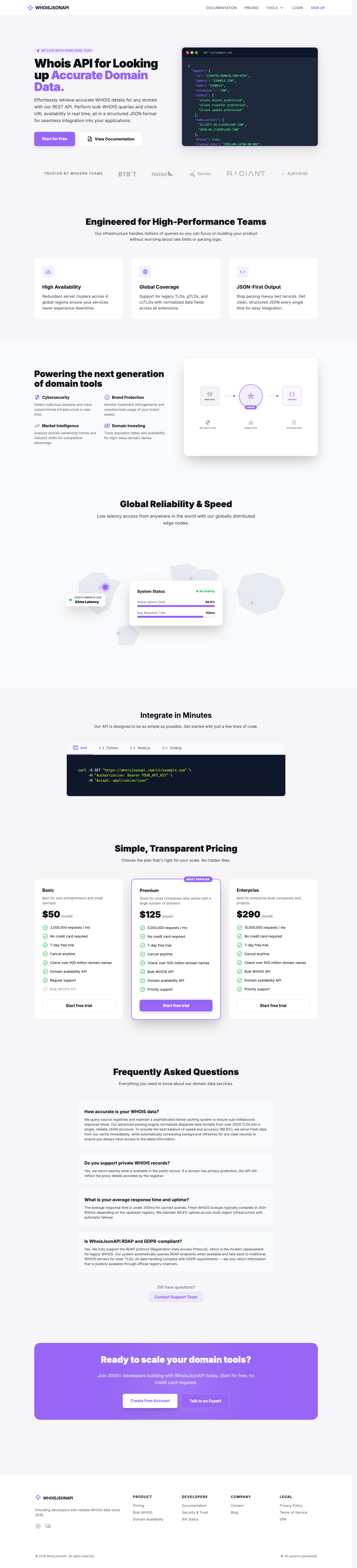 Whois JSON API full landing page screenshot