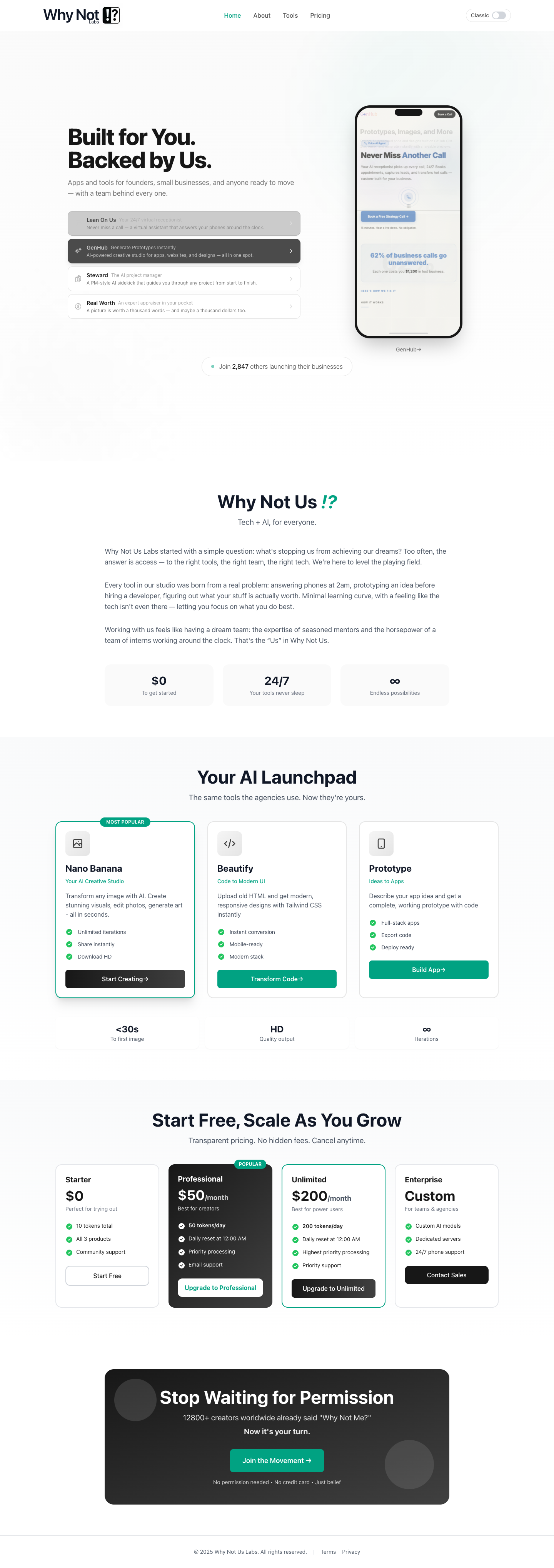 Why Not Us Labs LLC full landing page screenshot