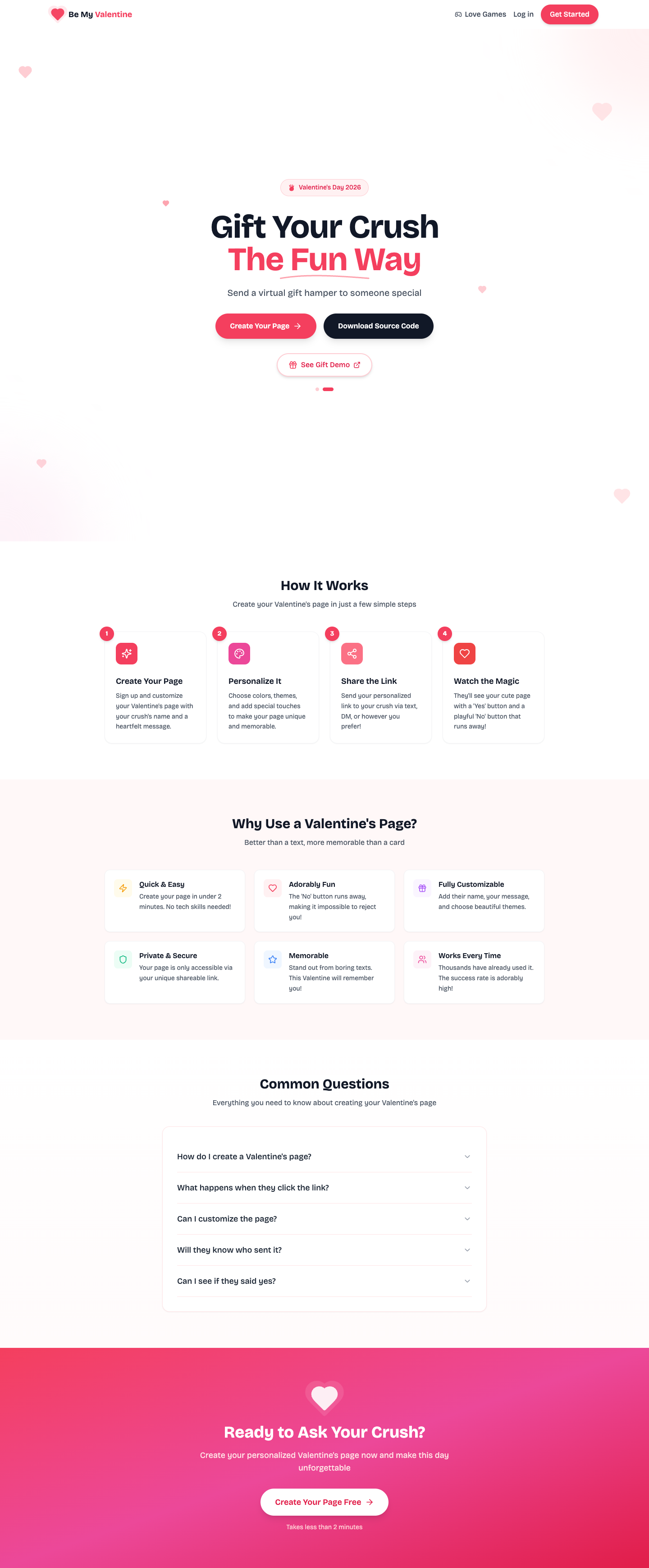 Will u be my valentine full landing page screenshot