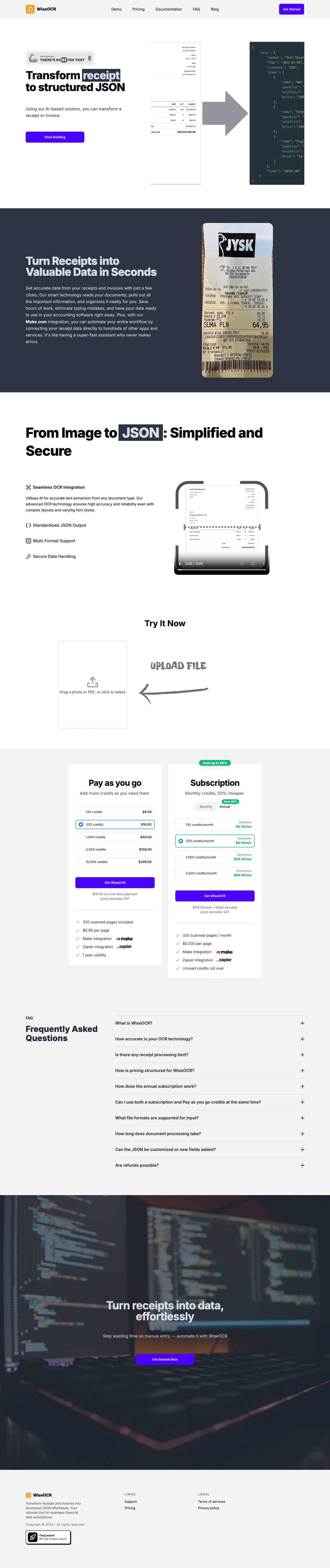 WiseOCR full landing page screenshot