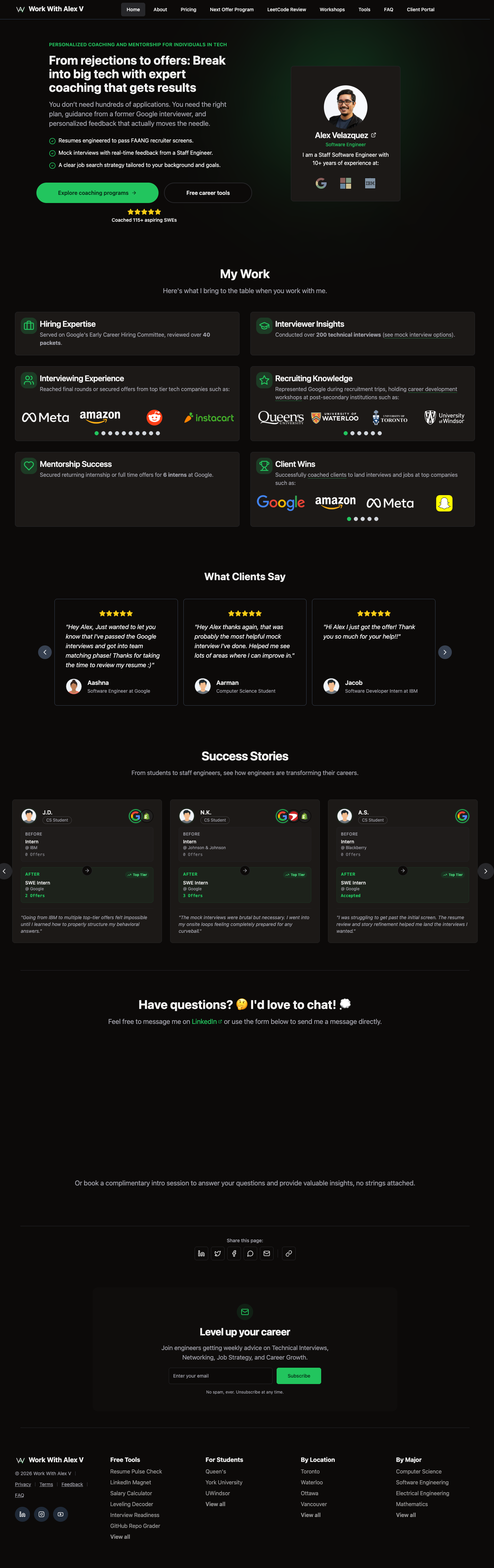 Work With Alex V full landing page screenshot
