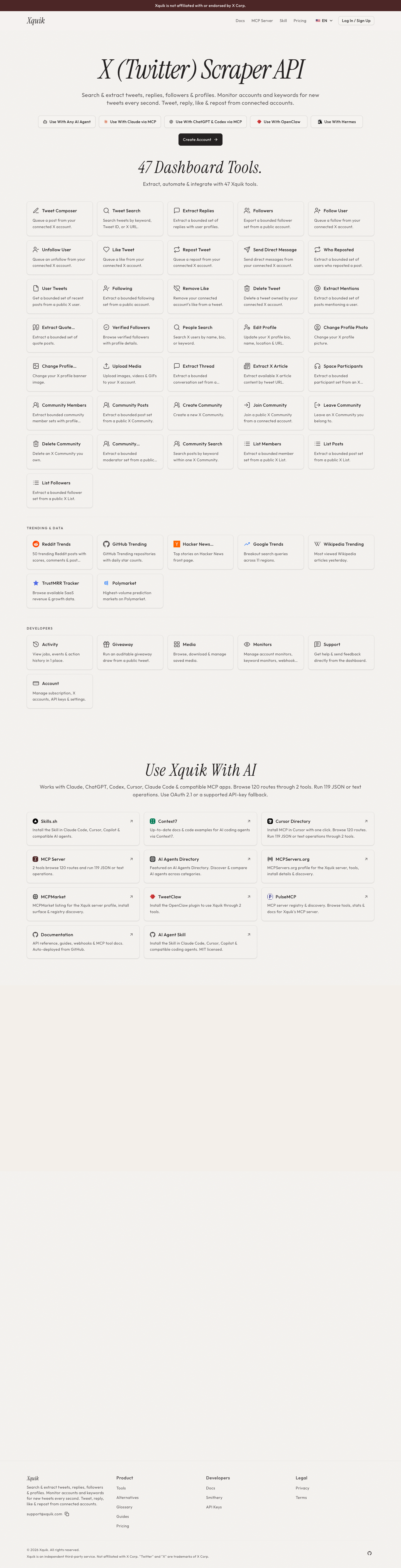 Xquik full landing page screenshot