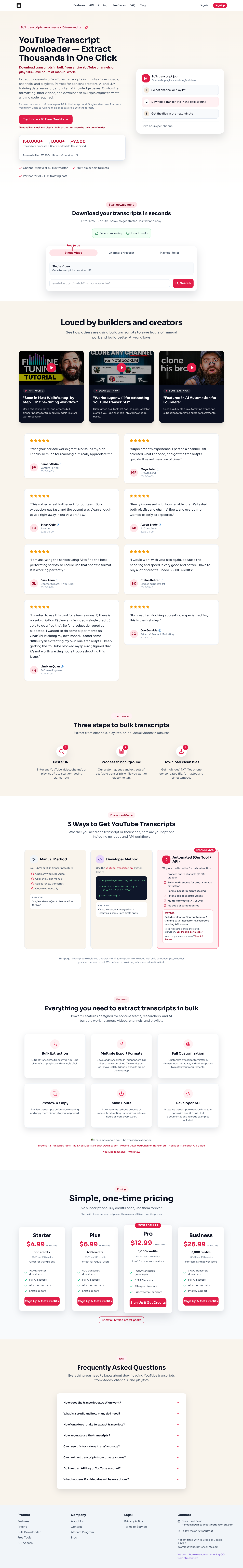Download Youtube Transcripts full landing page screenshot