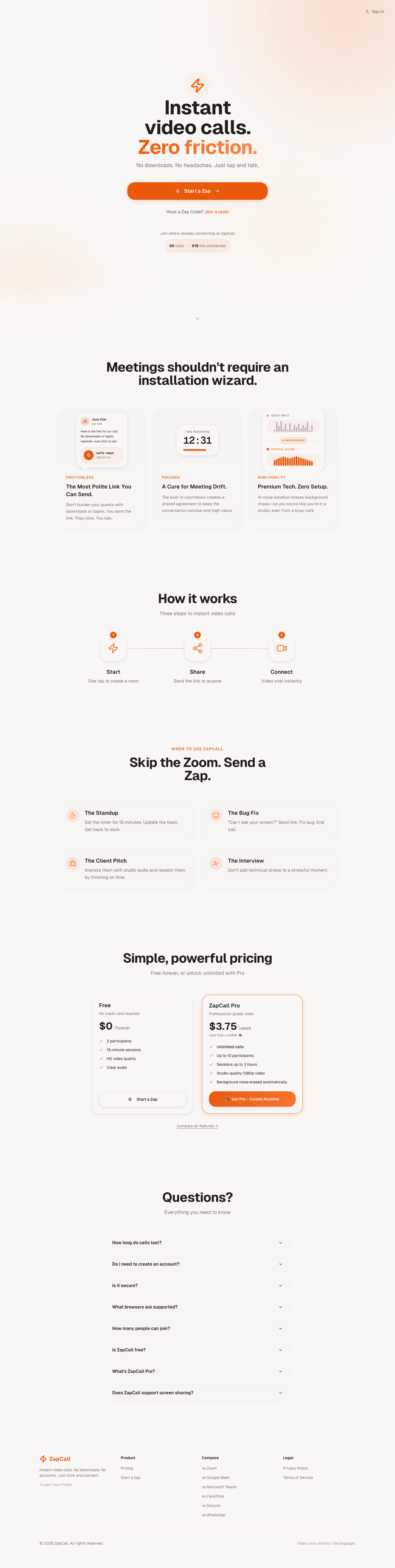 ZapCall full landing page screenshot