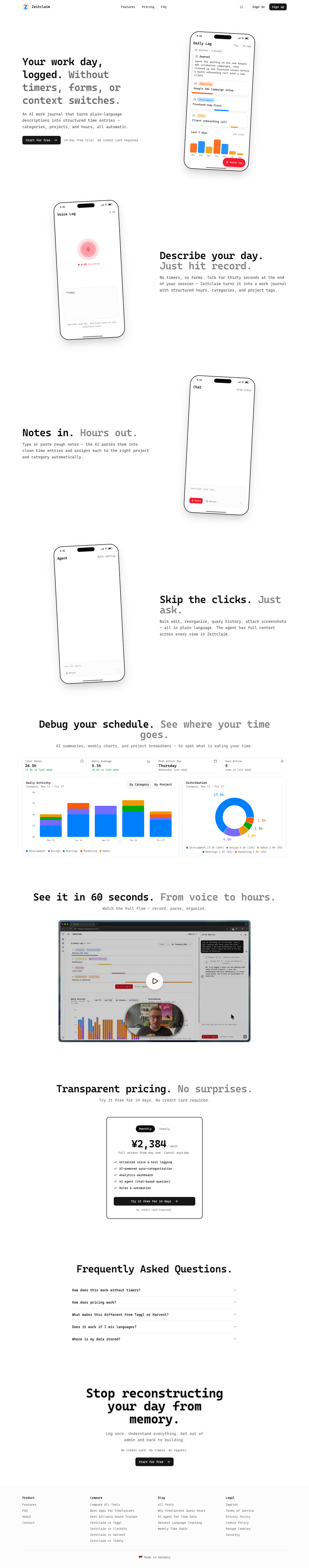 Zeitclaim full landing page screenshot