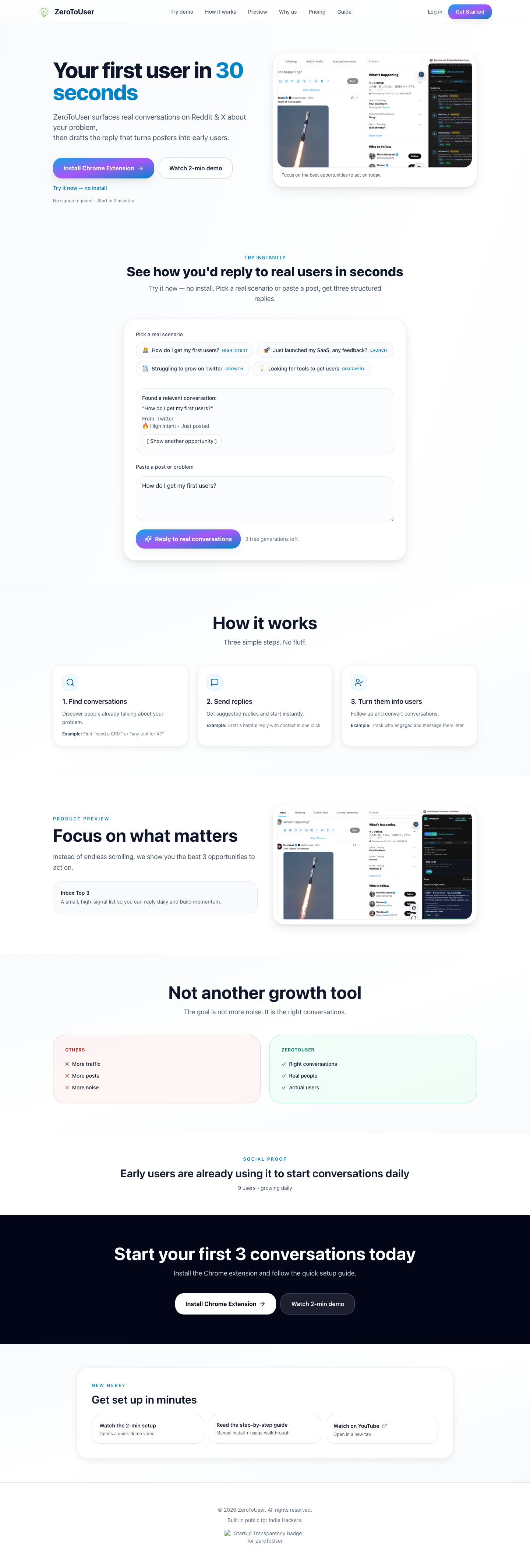 ZeroToUser full landing page screenshot