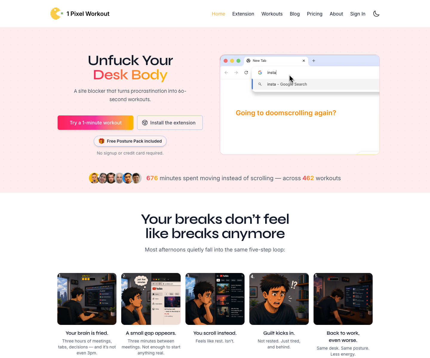 1 Pixel Workout landing page screenshot