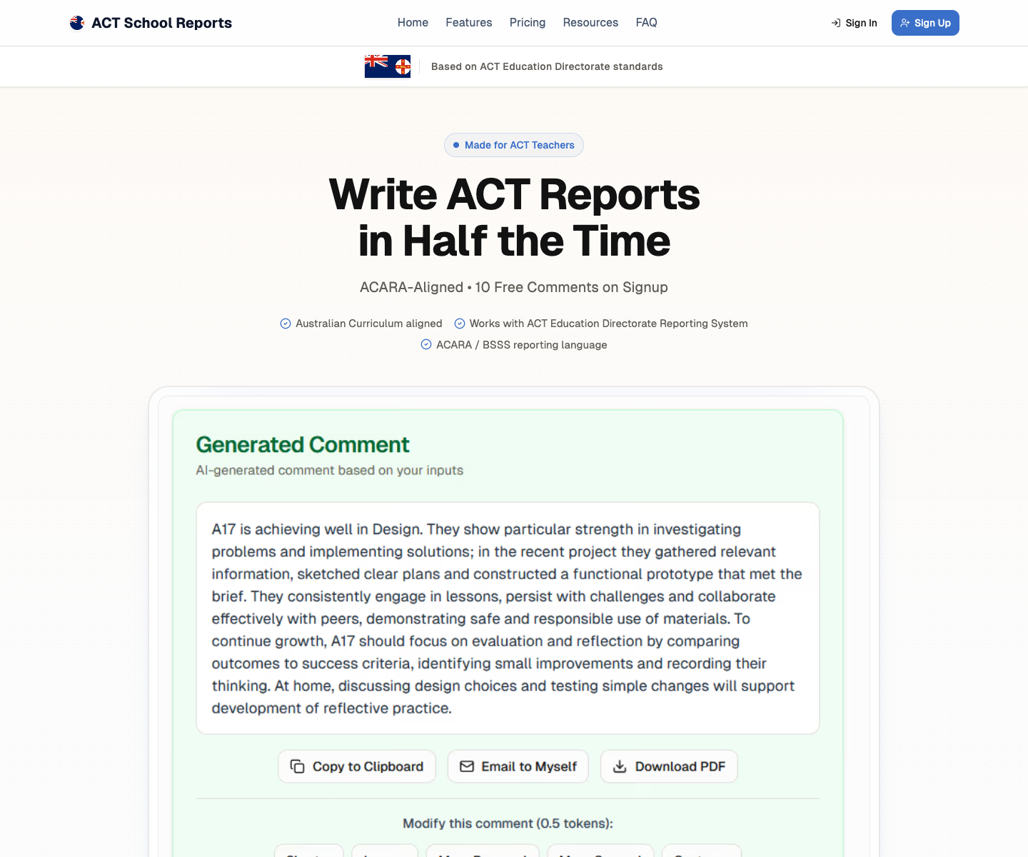 ACT School Reports landing page screenshot