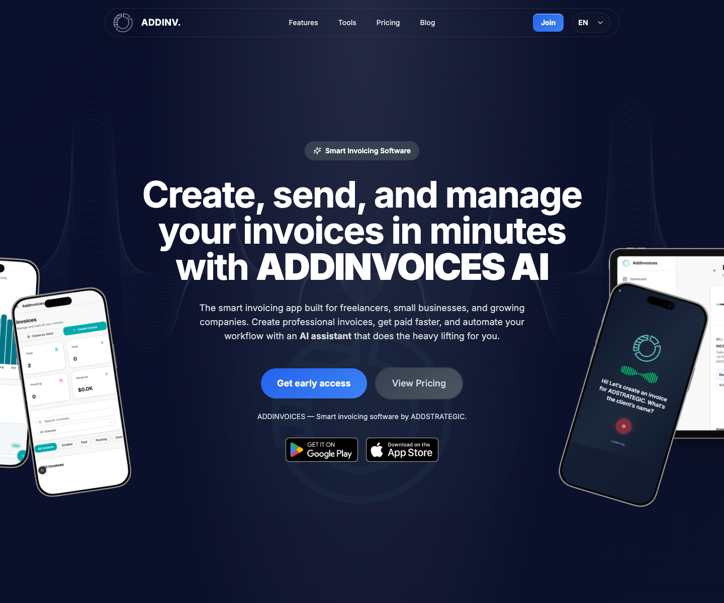 ADDINVOICES landing page screenshot