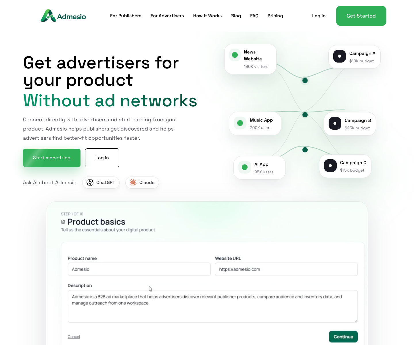 Admesio landing page screenshot