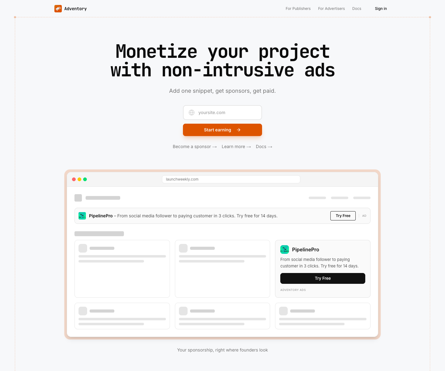 Adventory landing page screenshot
