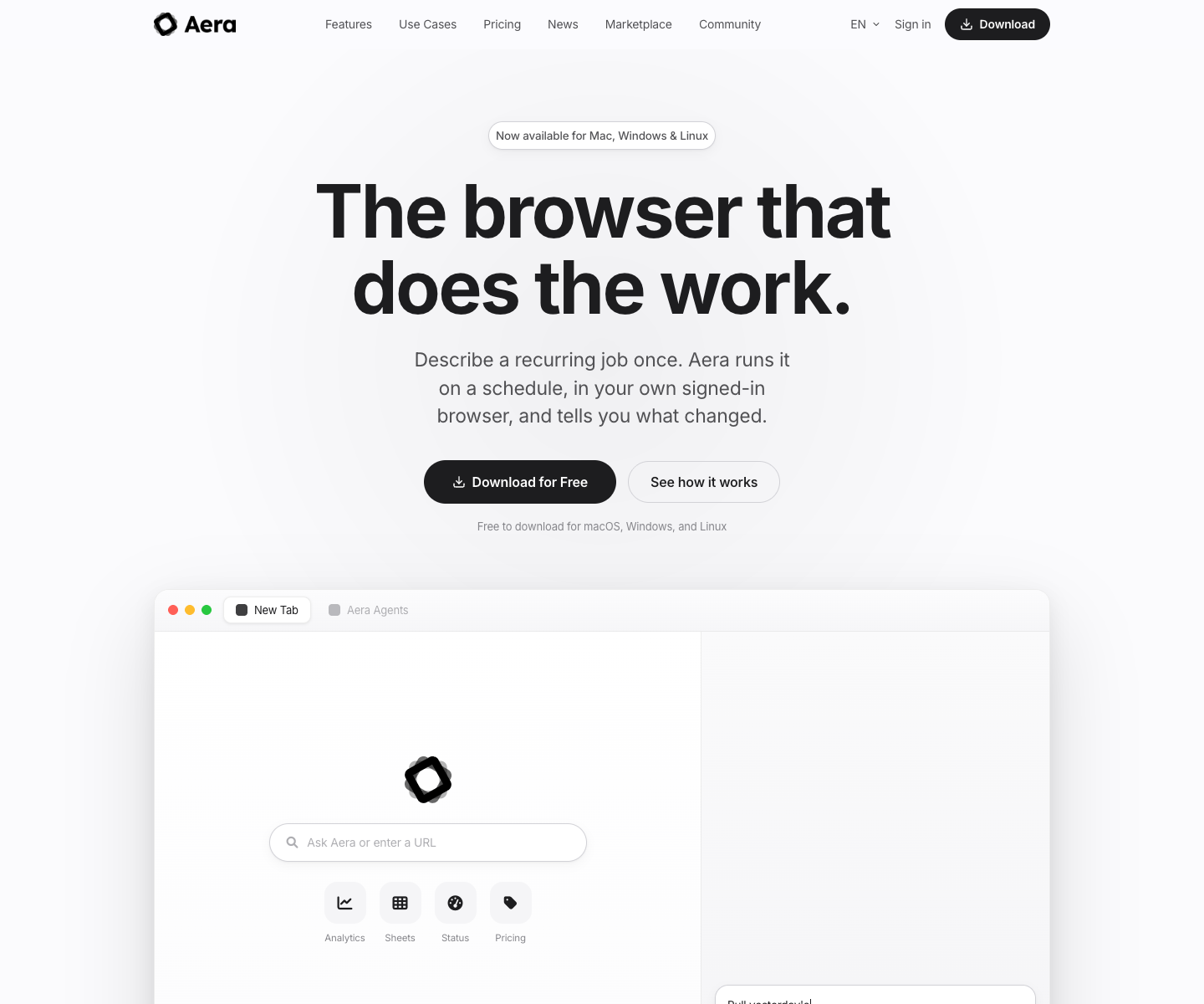 Aera Browser landing page screenshot