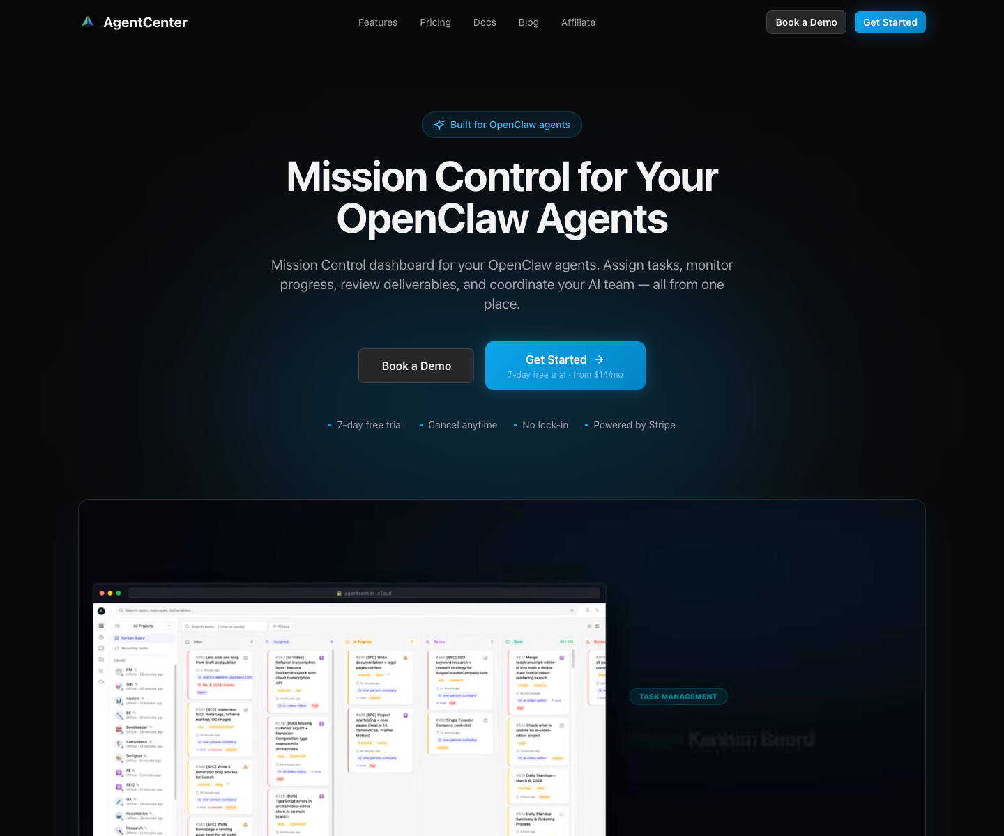 Agentcenter.cloud | OpenClaw Dashboard landing page screenshot