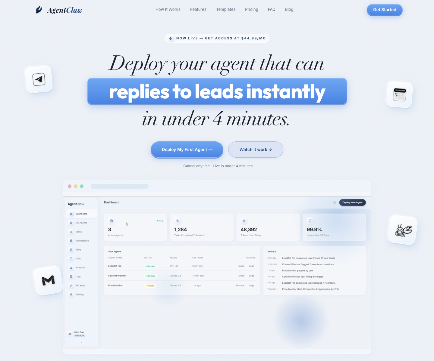 AgentClaw landing page screenshot
