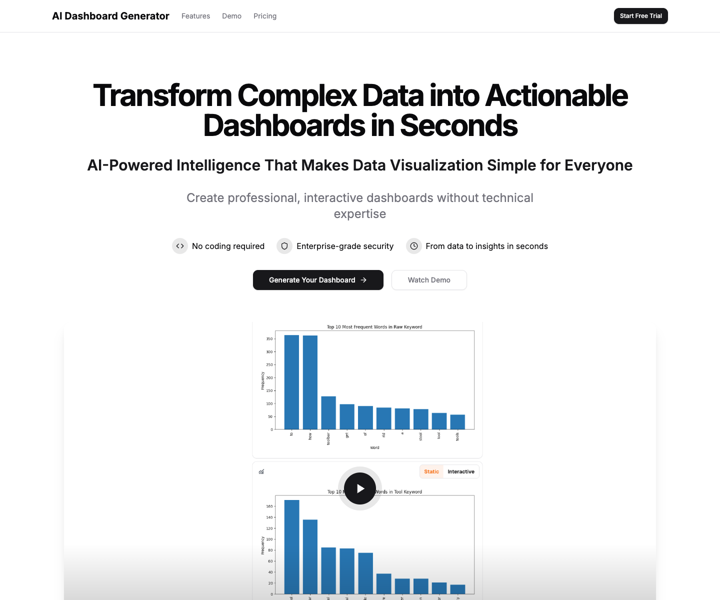 AI Dashboard Gen landing page screenshot