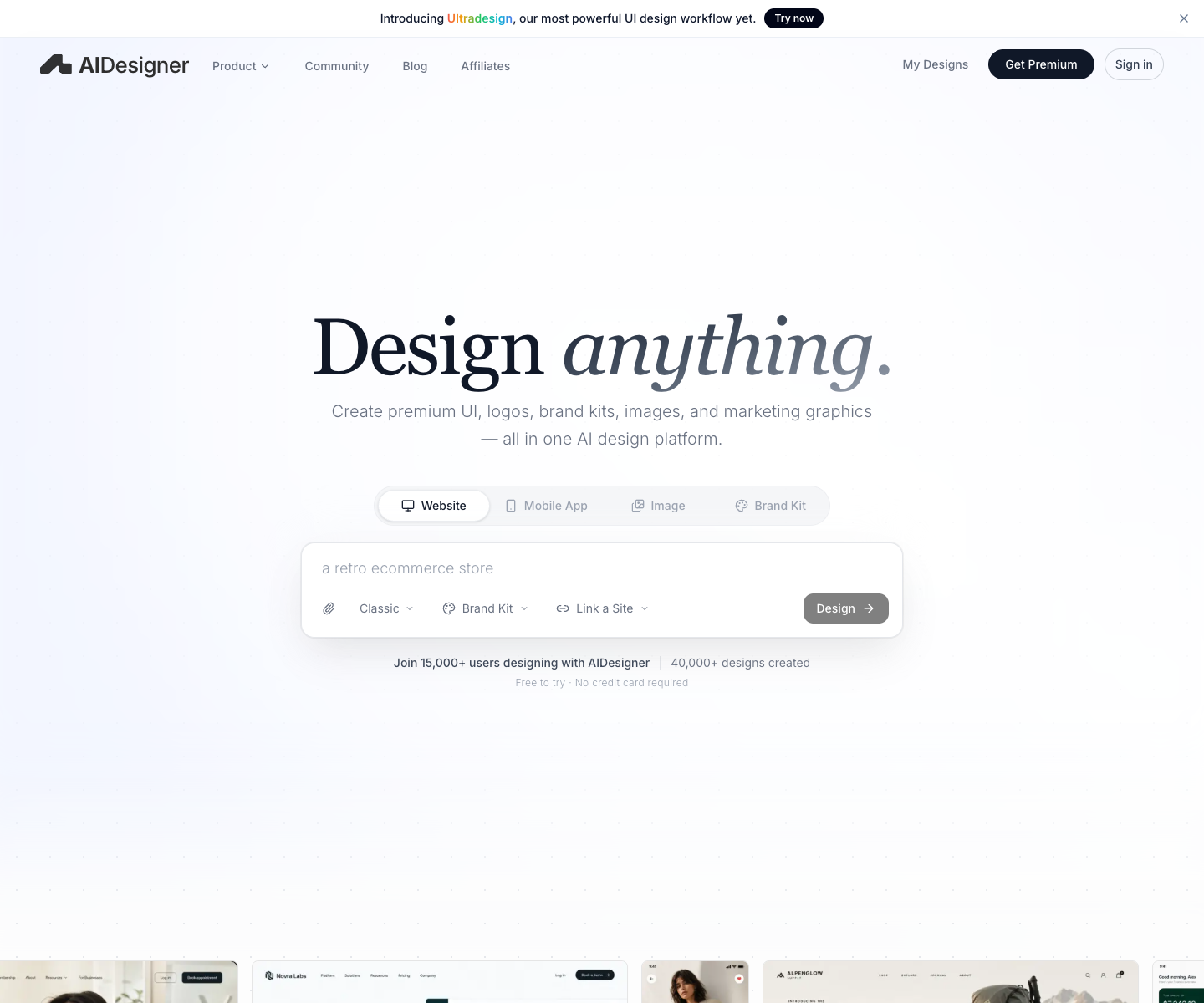 AI Designer landing page screenshot