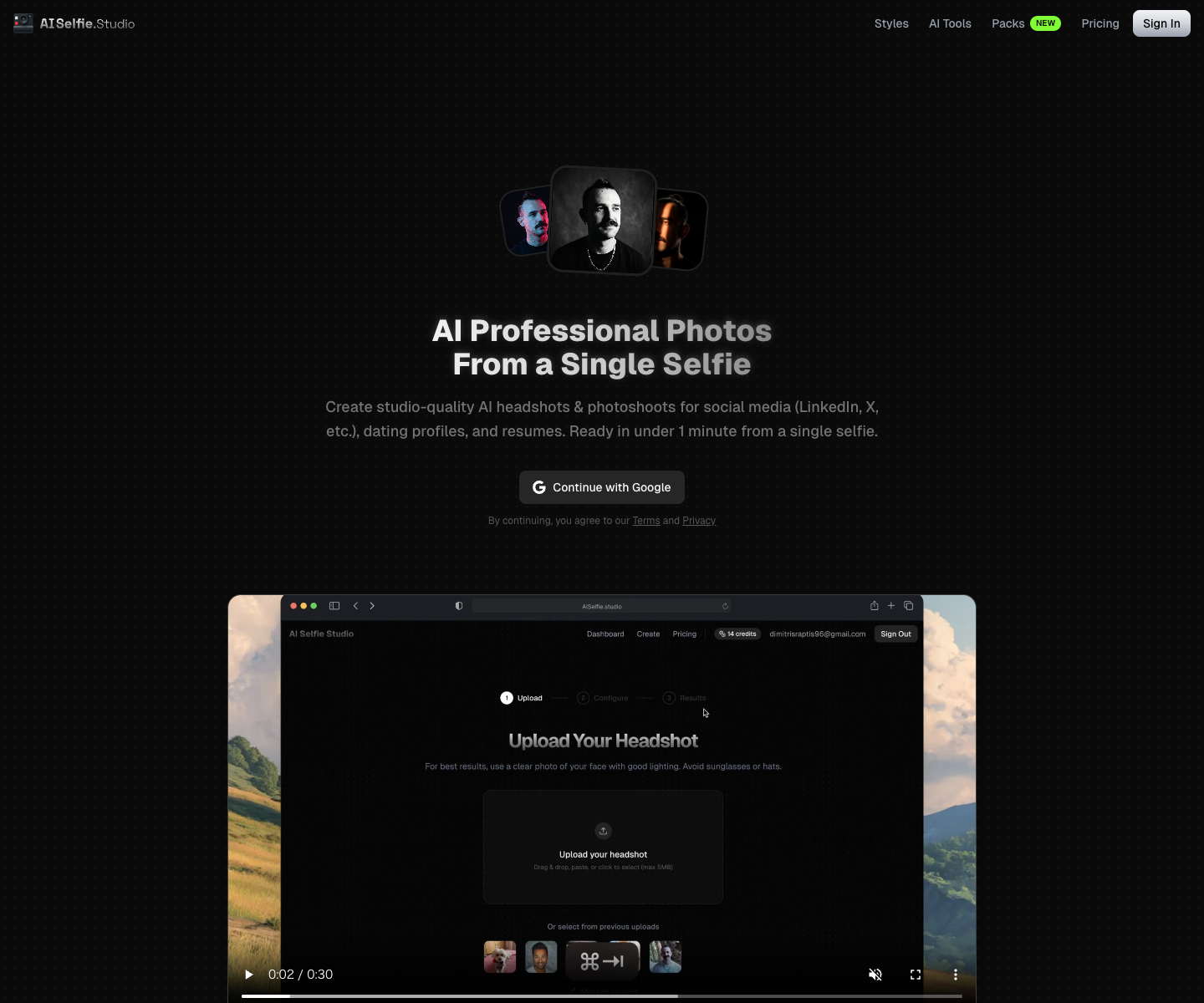 AI Selfie Studio landing page screenshot