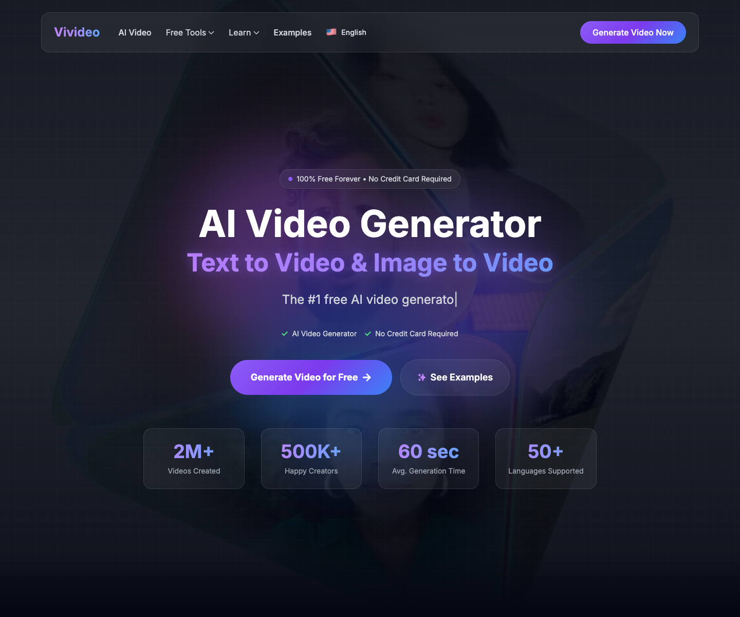 AI Video Generator - Text to Video - Image to Video: Vivideo.ai landing page screenshot