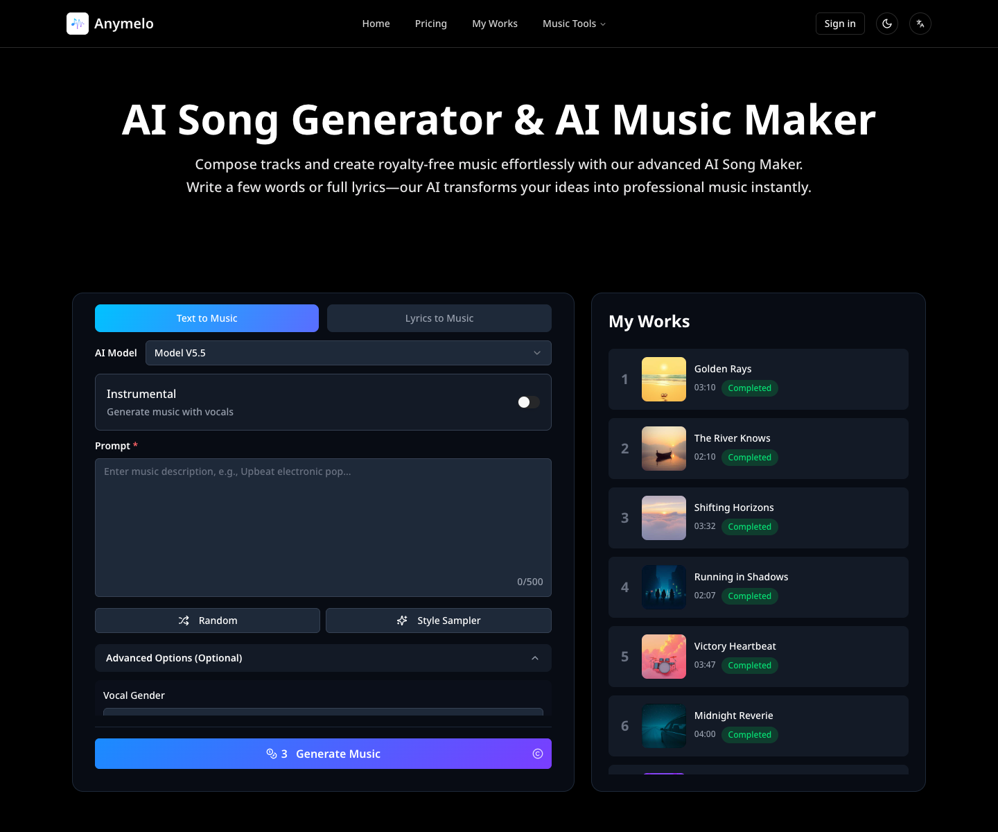 Anymelo landing page screenshot