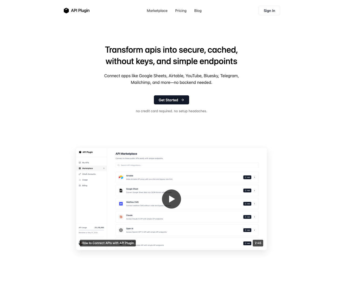 API Plugin landing page screenshot