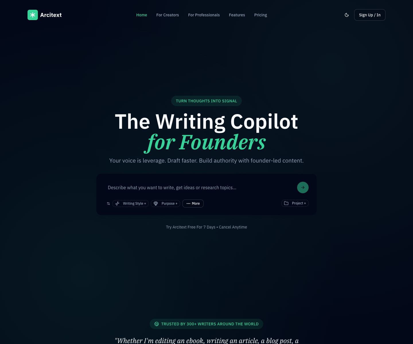 Arcitext landing page screenshot
